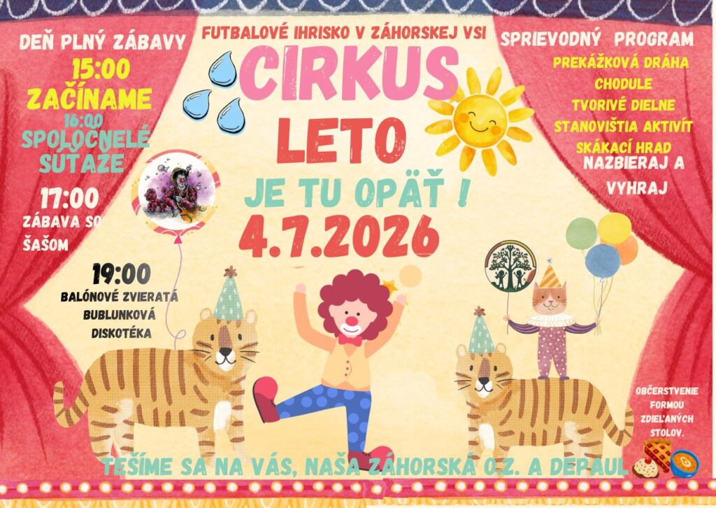 Plagát Cirkus leto 4. 7. 2026 o 15:00, futbalové ihrisko Záhorská Ves