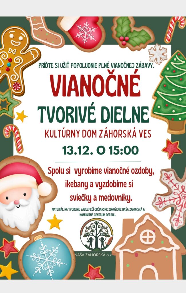 Plagát Vianočné tvorivé dielne 13. 12. o 15:00, Kultúrny dom Záhorská Ves